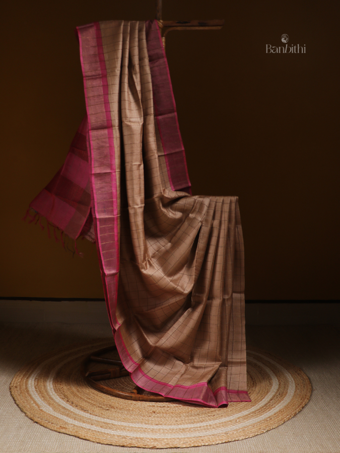 Tussar Silk Block Printed Saree with Kalamkari Blouse – Zari Check
