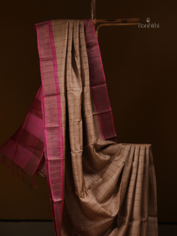Tussar Silk Block Printed Saree with Kalamkari Blouse – Zari Check
