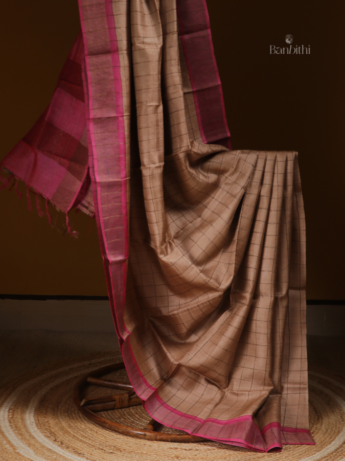Tussar Silk Block Printed Saree with Kalamkari Blouse – Zari Check