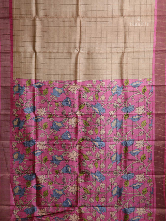 Tussar Silk Block Printed Saree with Kalamkari Blouse – Zari Check