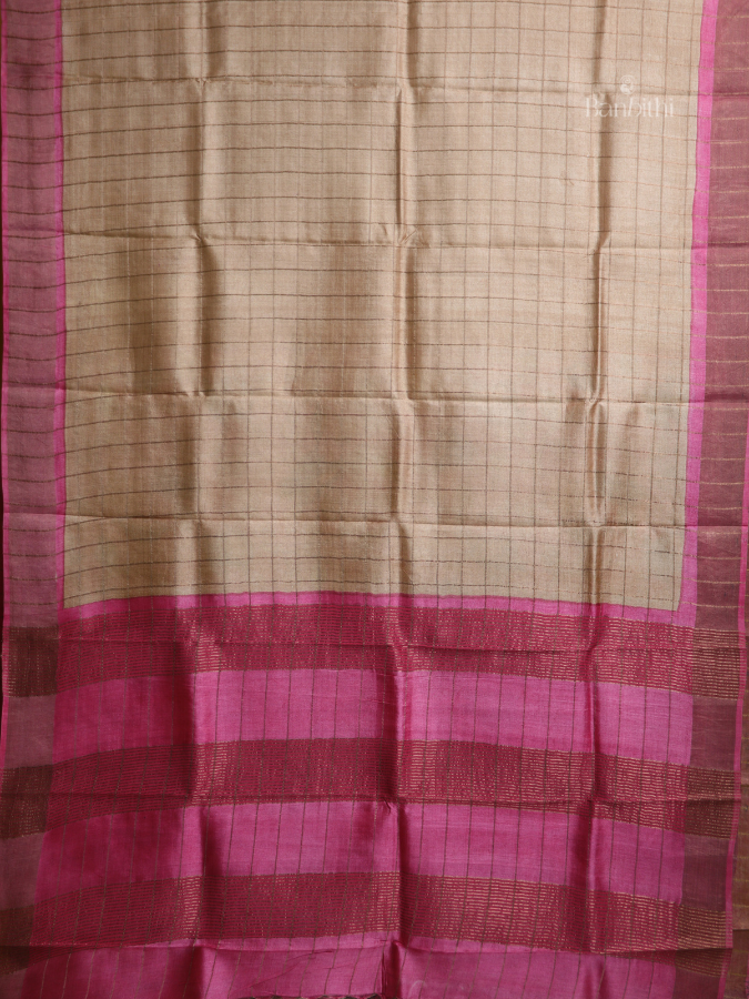 Tussar Silk Block Printed Saree with Kalamkari Blouse – Zari Check